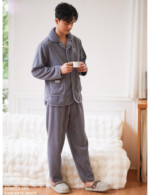 男士翻领休闲睡衣套装果粒绒保暖可外穿家居服套装【24R31134】 商品图0