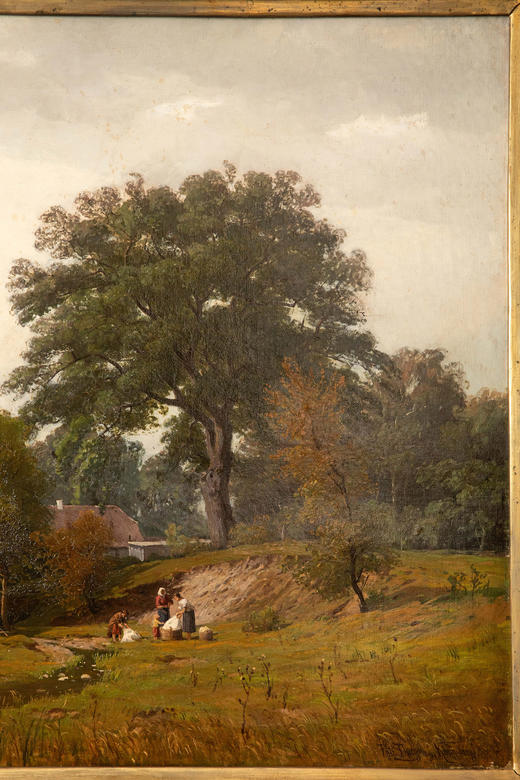 独角鹿西洋古董19世纪德国画家Fritz Daegling签名出品大型风景主题布面油画《人物与动物山水》 商品图13