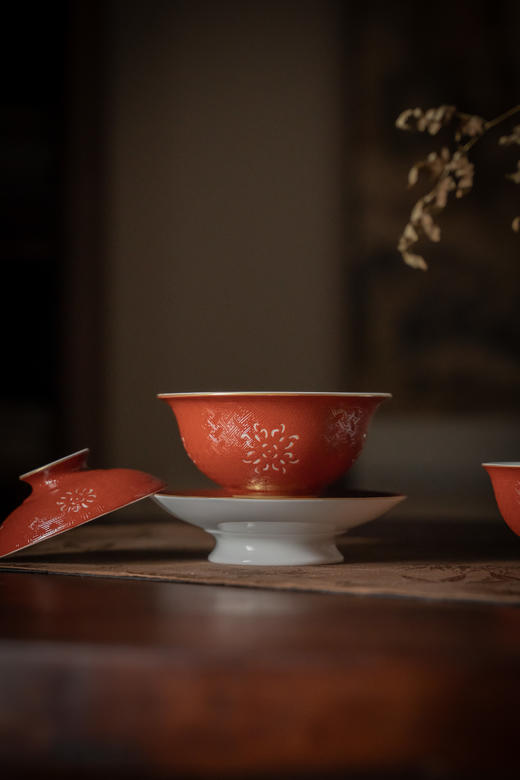 富玉窑  景德镇手工扒花宫红盖碗5头茶具 商品图2