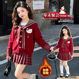 【甜系年服❗️潮流时尚】女童冬季加厚毛衣送KT猫挂件+加绒百褶裙两件套新年喜庆。jd