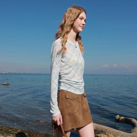 三彩2026春季新款轻薄网纱格纹皮肤衣修身圆领收腰打底衫叠穿女M 商品图3