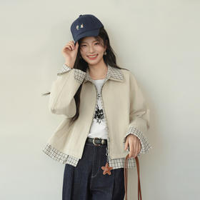 【严选】诗凡黎浅卡其格纹拼接短款风衣2026春新款微宽松简约休闲百搭外套7H2260161