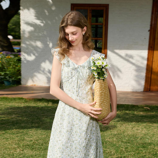 三彩2026春季新款度假风浪漫女神裙V领碎花雪纺A字裙连衣裙长裙M 商品图1