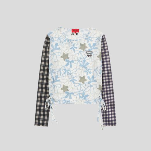 GOODBAI GOODEES 新款格纹撞色满印修身抽褶长袖T恤套头衫 商品图1