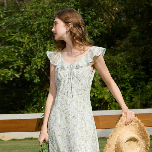 三彩2026春季新款度假风浪漫女神裙V领碎花雪纺A字裙连衣裙长裙M 商品图3