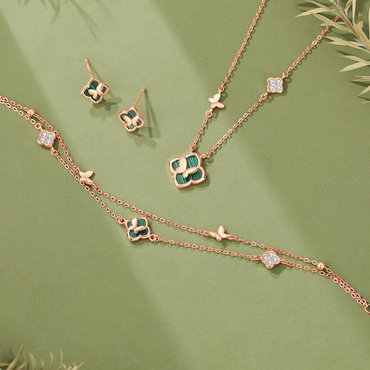 【四叶吉祥】纯银幸运四叶草孔雀石玫瑰金蝴蝶项链【JHY-	N001065M】 商品图3