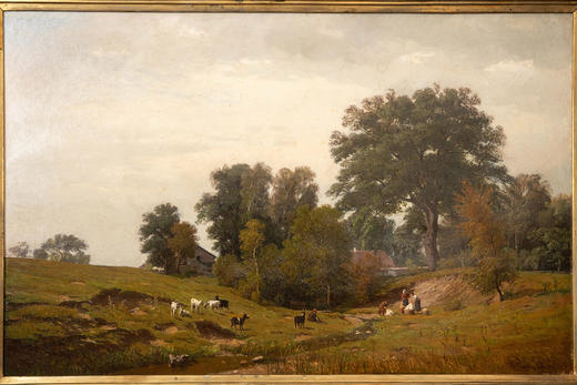 独角鹿西洋古董19世纪德国画家Fritz Daegling签名出品大型风景主题布面油画《人物与动物山水》 商品图2