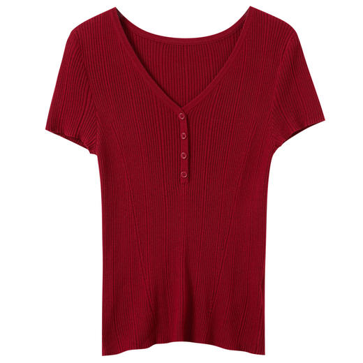 【莱赛尔】三彩2026春季新款修身V领短袖针织衫轻盈肌理感套头衫M 商品图4