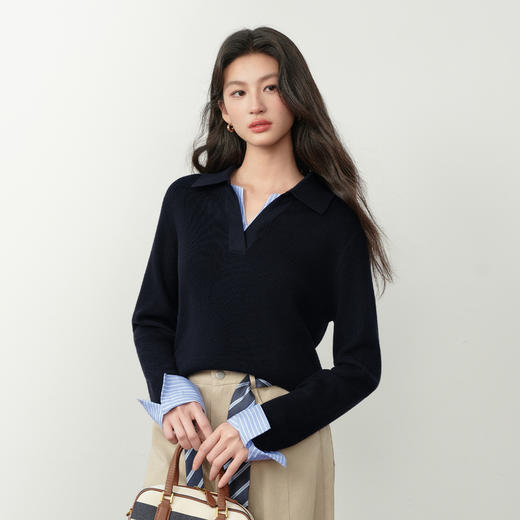 【严选】诗凡黎绵羊毛针梭拼假两件海鸥领针织衫26春新款撞色拼接套头毛衣7H3431371 商品图4