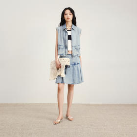 lost in echo2026年春夏新款翻领修身工装牛仔短马甲压褶半裙套装