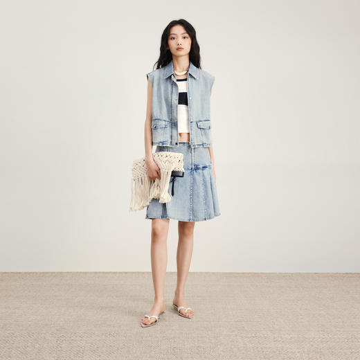 lost in echo2026年春夏新款翻领修身工装牛仔短马甲压褶半裙套装 商品图0