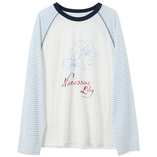 【莱赛尔】三彩2026春季新款休闲宽松T恤条纹插肩袖印花套头衫M 商品图4