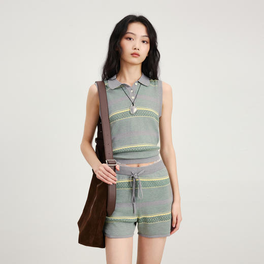 lost in echo2026年春夏新款撞色条纹纽扣套头毛衫背心短裤套装女 商品图3