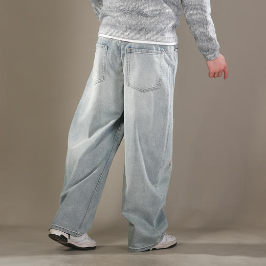 DRONKOO 2026 内抽绳半松紧前长短破骨复古洗水中厚牛仔长裤 商品图3