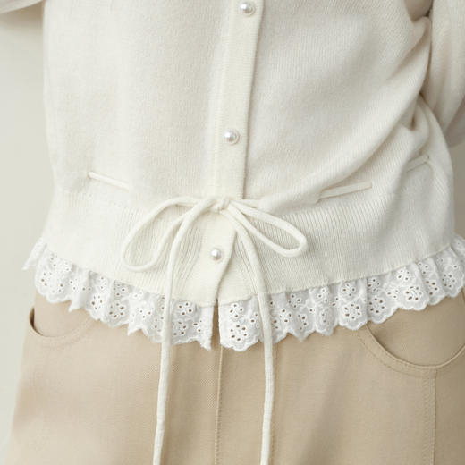 【严选】诗凡黎花边拼接绵羊毛针织开衫2026春新款系带收腰珍珠扣柔软毛衣7H2231111 商品图3