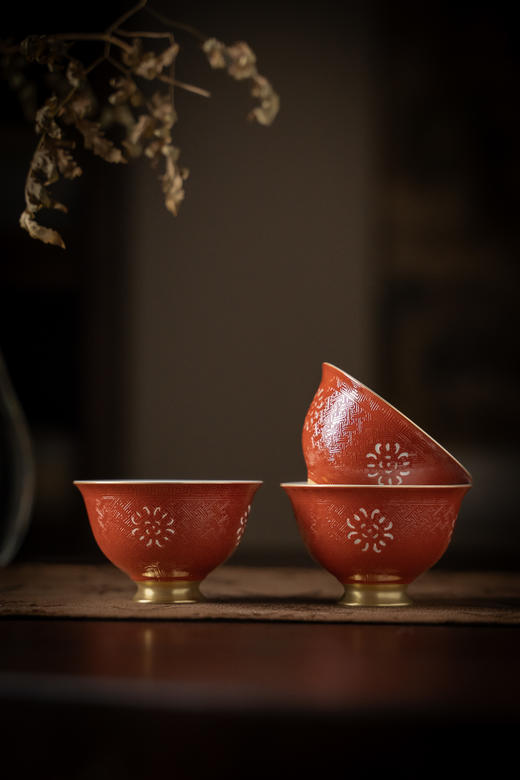 富玉窑  景德镇手工扒花宫红盖碗5头茶具 商品图3