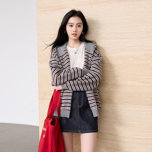 三彩2026春季新款连帽拉链条纹外套松弛开衫宽松休闲落肩袖M 商品图1