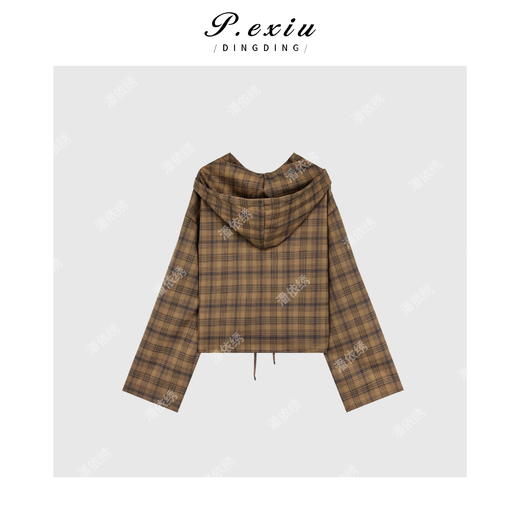04-6潘依绣丁丁宠粉韩系简约格子下摆抽绳连帽衬衣 W-62522 商品图1