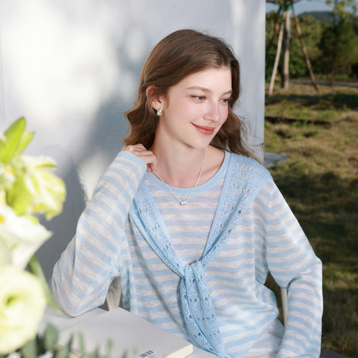 三彩2026春季新款镂空披肩式条纹针织衫宽松长袖休闲上衣套头衫M 商品图2