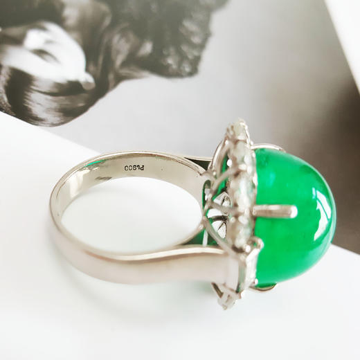 【天然正品】PT900传世级铂金豪镶钻镶天然微油哥伦比亚16.22克拉蛋面木佐绿祖母绿戒指蛋面：15.5*14.0MM（皆取最大值）14号（戒圈可改）190126NJ38 商品图9