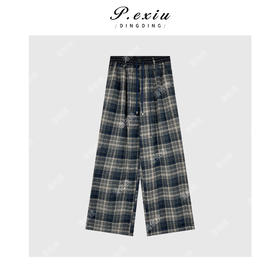 04-6潘依绣丁丁宠粉韩系慵懒休闲格纹抽绳裤子Q1364