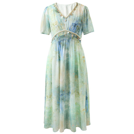 三彩2026春季新款法式浪漫女神裙V领雪纺印花A字连衣裙长裙M 商品图4