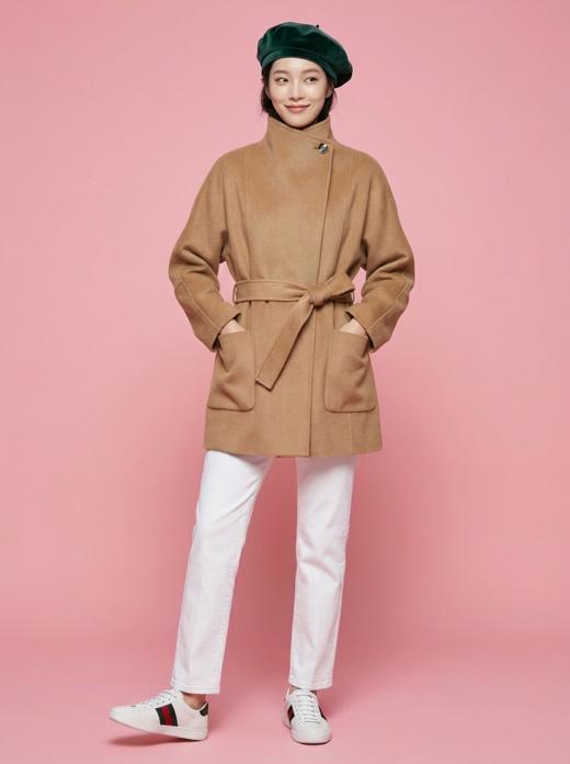 一粒扣立领简约珠边双面手工大衣（附腰带） 商品图5