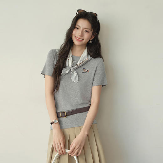 【严选】【奶皮T】诗凡黎天丝羊毛萌宠刺绣T恤2026春新款亲肤柔软内搭短袖7H1400251 商品图0