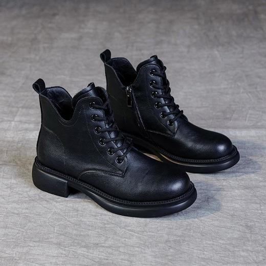 大码马丁靴女秋冬软底小短靴平底单靴橡胶底复古加绒低帮皮鞋 商品图2