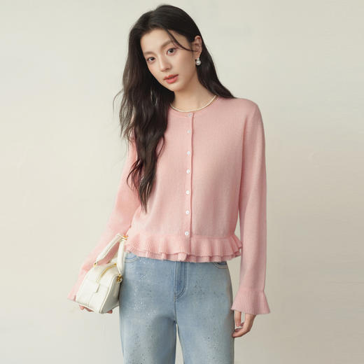 【严选】诗凡黎莱赛尔木耳边针织开衫2026春新款粉色温柔氛围感长袖上衣女7H2230391 商品图0