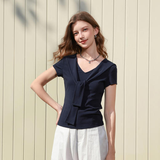 三彩2026春季新款休闲披肩式修身正肩短袖T恤V领上衣套头衫短款M 商品图1