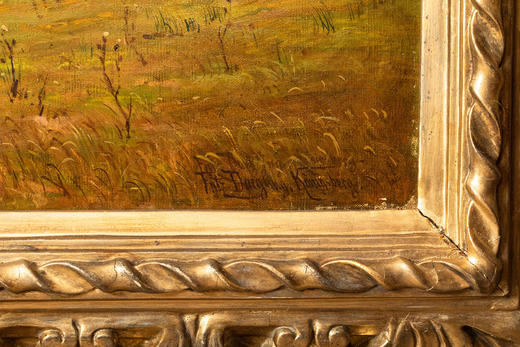 独角鹿西洋古董19世纪德国画家Fritz Daegling签名出品大型风景主题布面油画《人物与动物山水》 商品图14