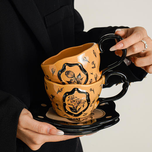 【节日好礼❗️颜值实用兼备】陶瓷咖啡杯碟套装中古摩卡棕撞色拉花杯拿铁下午茶杯子喝水早餐杯。jd 商品图3