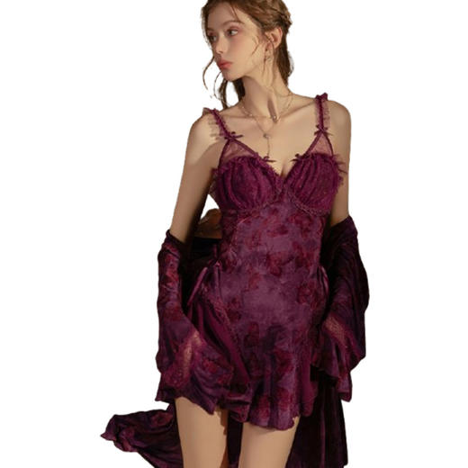 【YW】无忧购网纱植绒拼接性感收腰绑带蝴蝶印花可拆胸垫睡裙家居套装6038（截单后3-5天发货) 商品图4