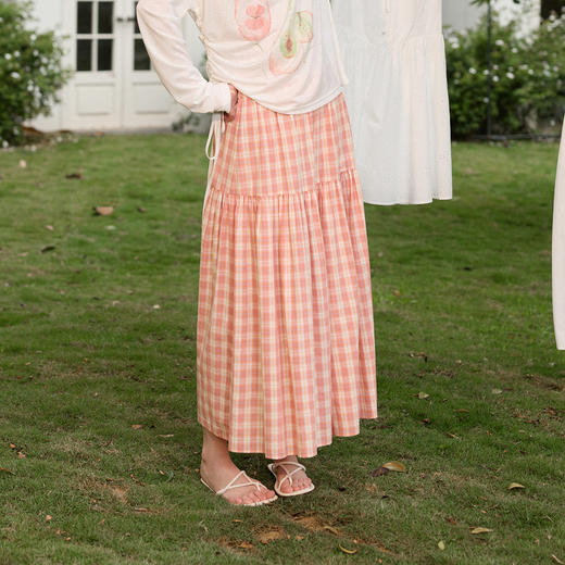 三彩独醒2026春季新款格纹半身裙松紧腰A字裙长裙清新F 商品图1