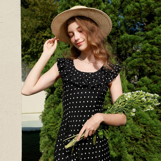 三彩2026春季新款法式复古波点裙V领收腰A字裙两穿连衣裙长裙M 商品图1