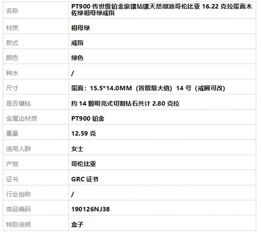 【天然正品】PT900传世级铂金豪镶钻镶天然微油哥伦比亚16.22克拉蛋面木佐绿祖母绿戒指蛋面：15.5*14.0MM（皆取最大值）14号（戒圈可改）190126NJ38 商品图11