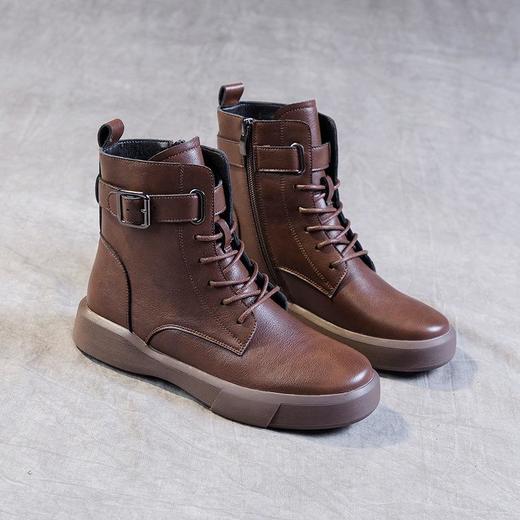 秋冬大码真皮马丁靴女加绒保暖软底小短靴复古内增高平底靴子 商品图3