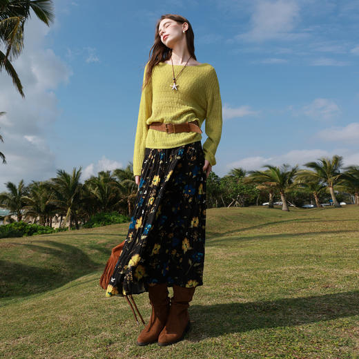 三彩2026春季新款复古压褶碎花裙高腰半身裙长裙大摆A字裙垂感M 商品图1