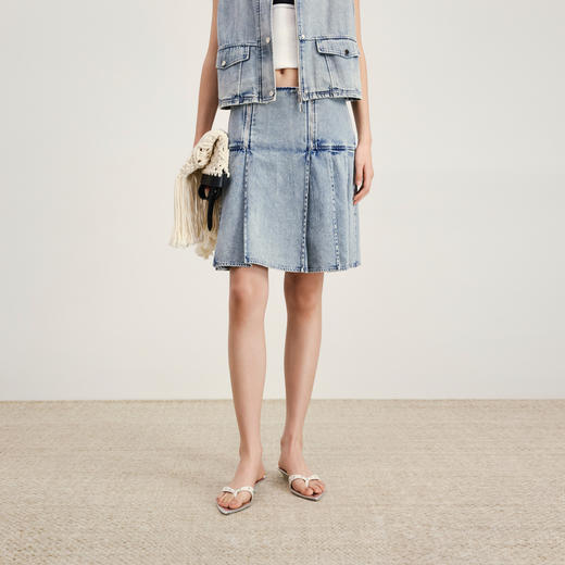 lost in echo2026年春夏新款翻领修身工装牛仔短马甲压褶半裙套装 商品图4