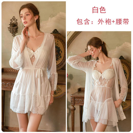 【YW】无忧购情趣内衣性感网纱透视刺绣深V聚拢胸垫睡裙外袍套装6369（2.14日后下单2.26开始发货) 商品图6