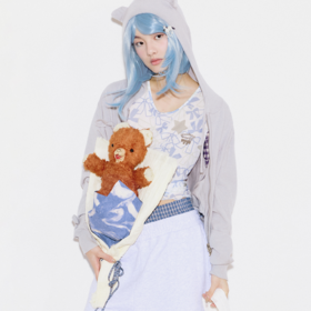 GOODBAI GOODEES 新款格纹撞色满印修身抽褶长袖T恤套头衫