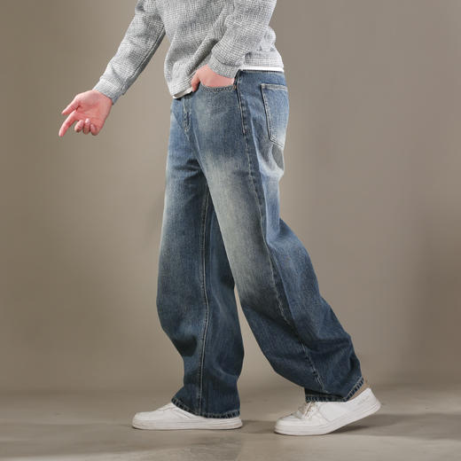 DRONKOO 2026 内蓝色抽绳金属夹标半松紧复古洗水中厚牛仔长裤 商品图2