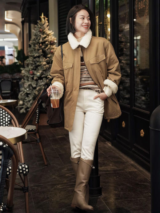 小禾超火洋气巴恩风羊羔毛领全棉斜纹派克棉服 商品图2