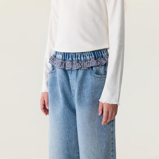 马克珍妮格纹花边女童纯棉牛仔阔腿裤2026年春装新款560205 商品图3