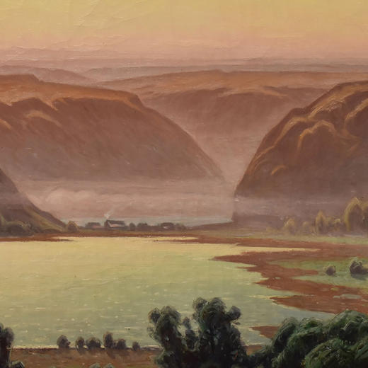 独角鹿西洋古董19世纪晚期法国自然主义画家 William Didier-Pouget 出品《尚布利湖清晨风景》主题油画 商品图5