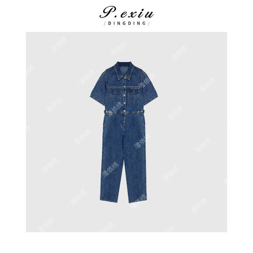 04-3潘依绣丁丁宠粉夏季新款短袖韩版大口袋腰带牛仔连体裤W52140 商品图0