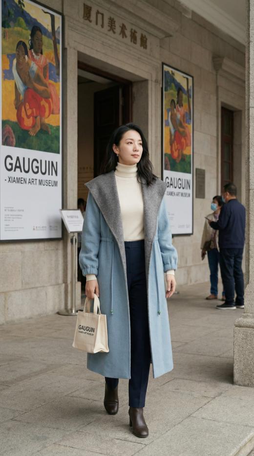 MM大帽腰抽绳装饰双色双面手工长款大衣 商品图5