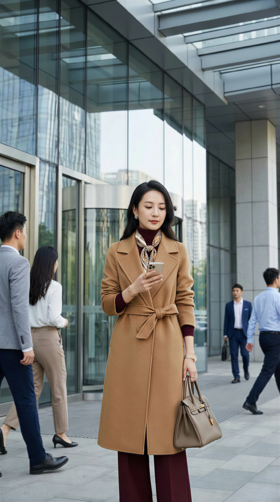 袖口翻折简约双面手工大衣（附腰带）