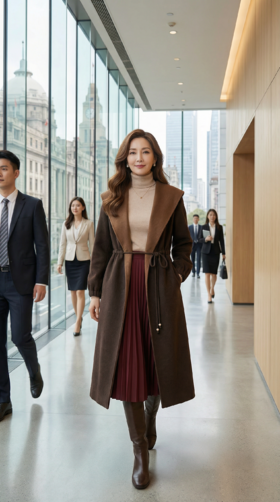 MM大帽腰抽绳装饰双色双面手工长款大衣